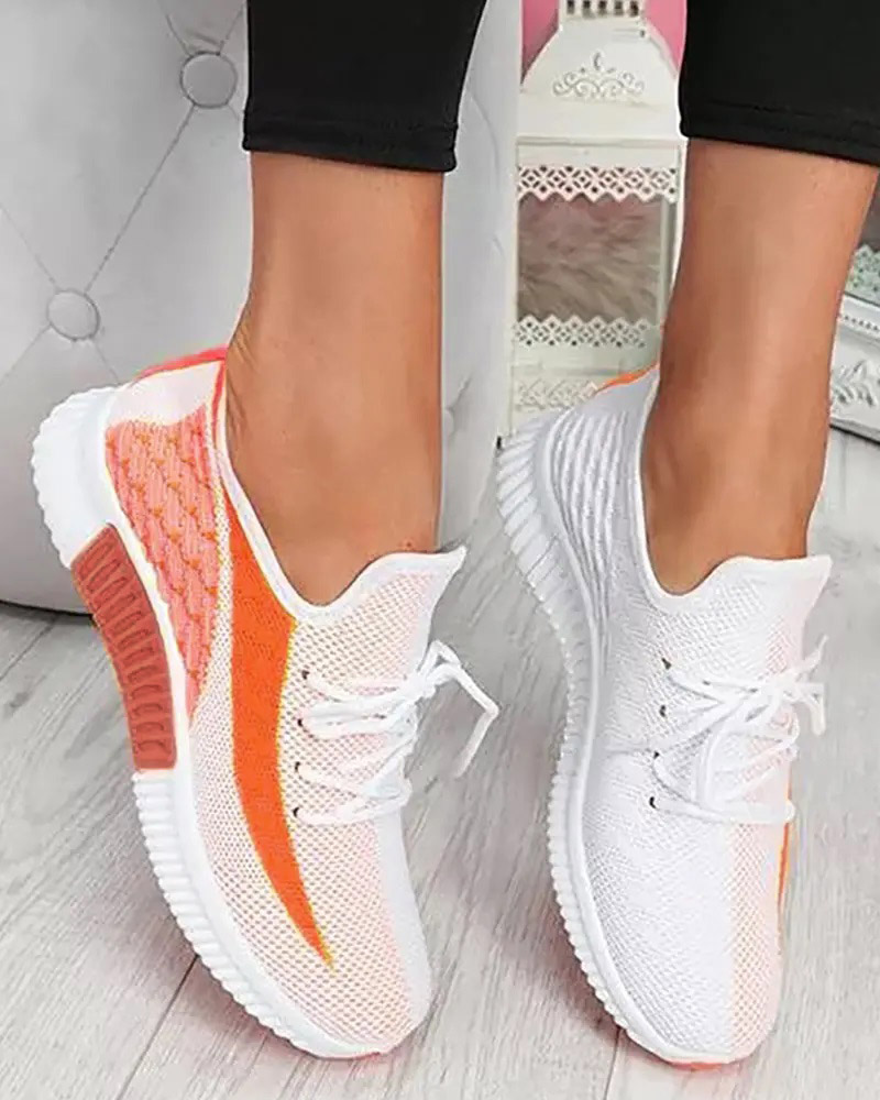 

Breathable Lace-up Contrast Paneled Knit Sneakers, Orange