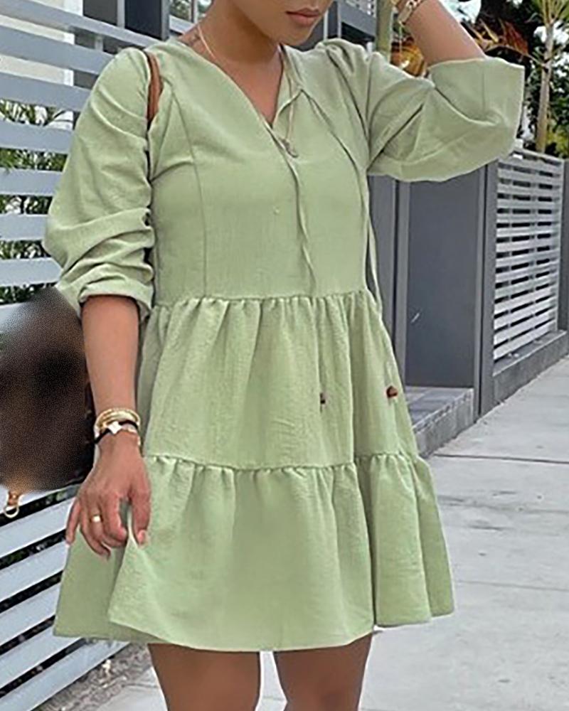 

Long Sleeve Ruched Strap Decor Casual Dress, Green