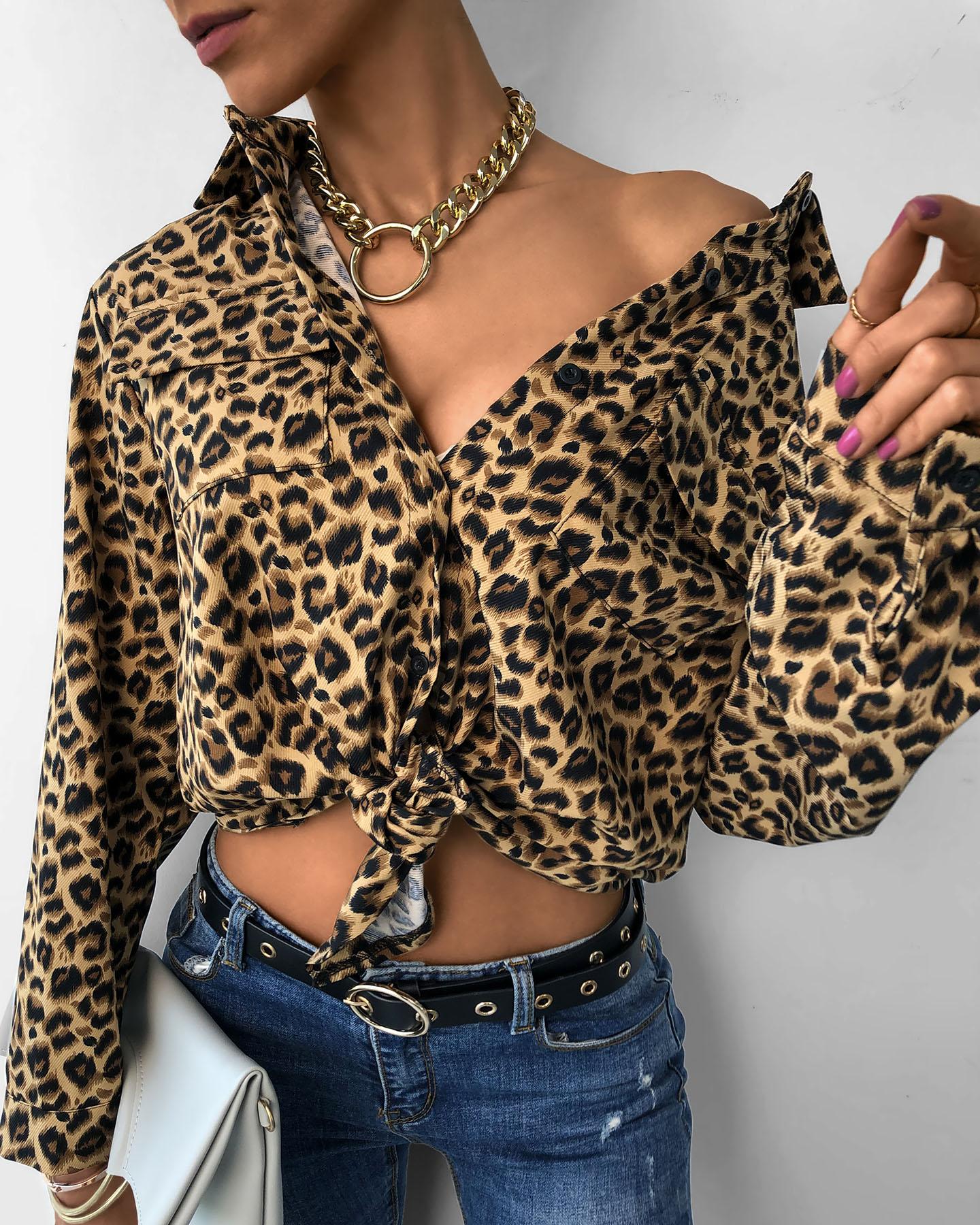 

Cheetah Print Knotted Long Sleeve Top, Leopard