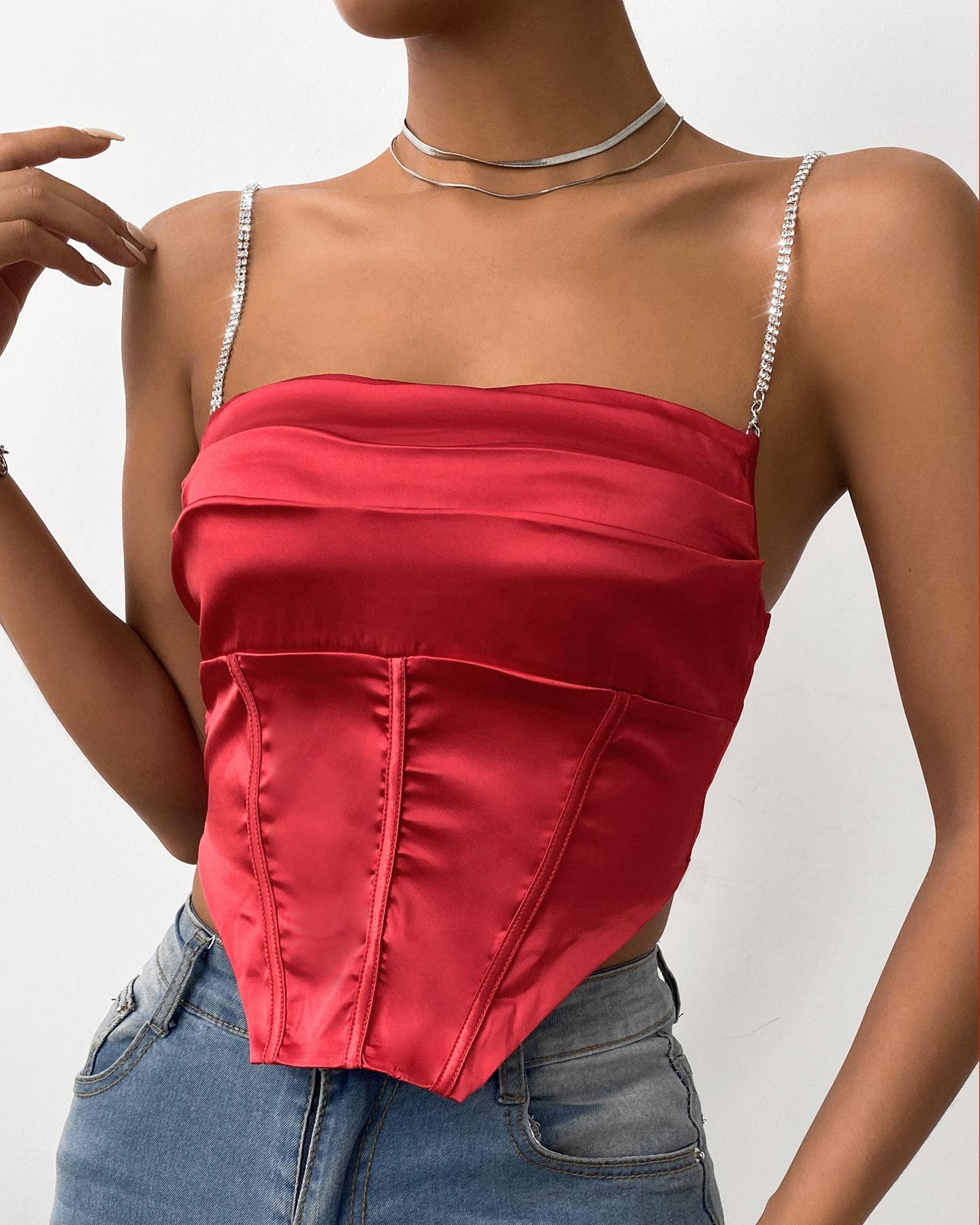 

Rhinestone Strap Satin Corset Top, Red