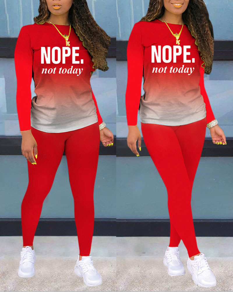 

Ombre Letter Print Long Sleeve Top & Pants Set, Red