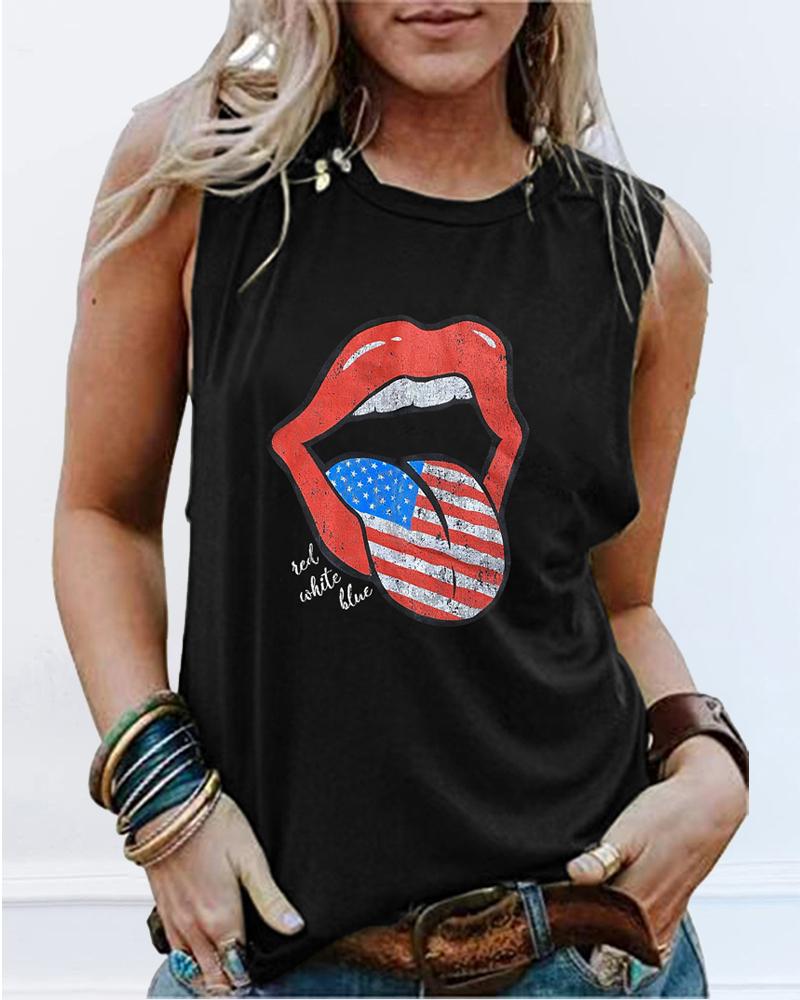 

Lip Flag Print Casual Tank Top, Black