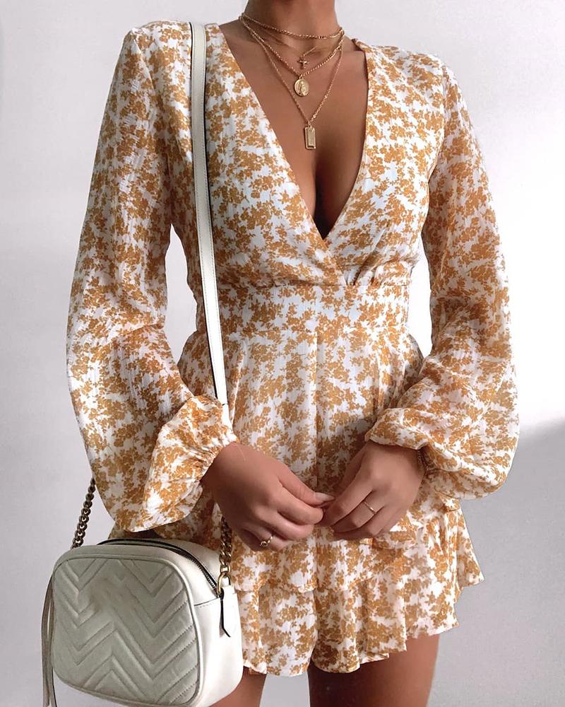 

V-neck Floral Print Long Sleeve Dress, Yellow