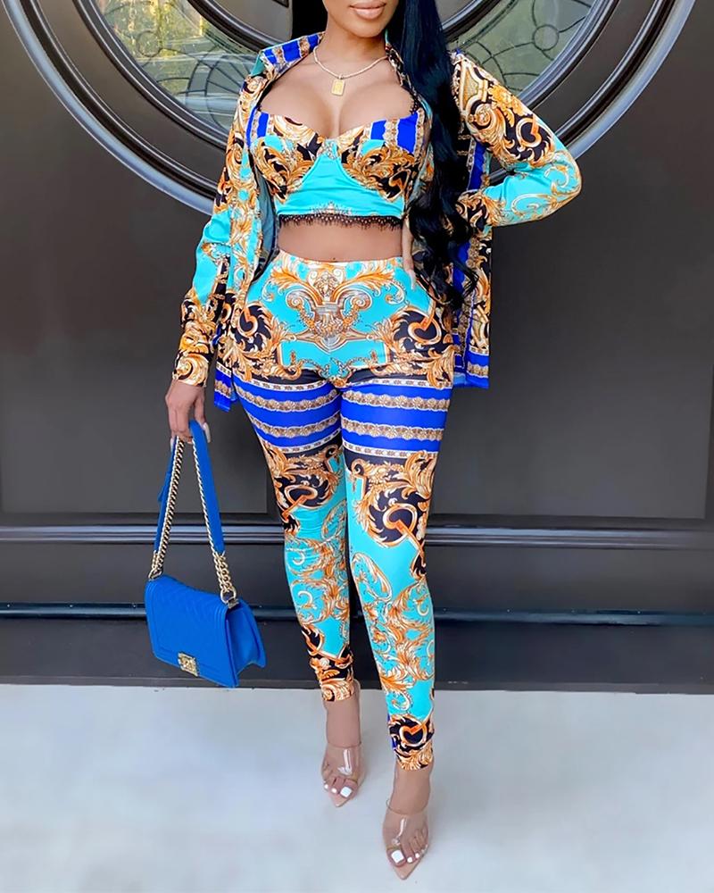 

Scarf Print Contrast Lace Crop Top & Pants With Coat Set, Lighted blue
