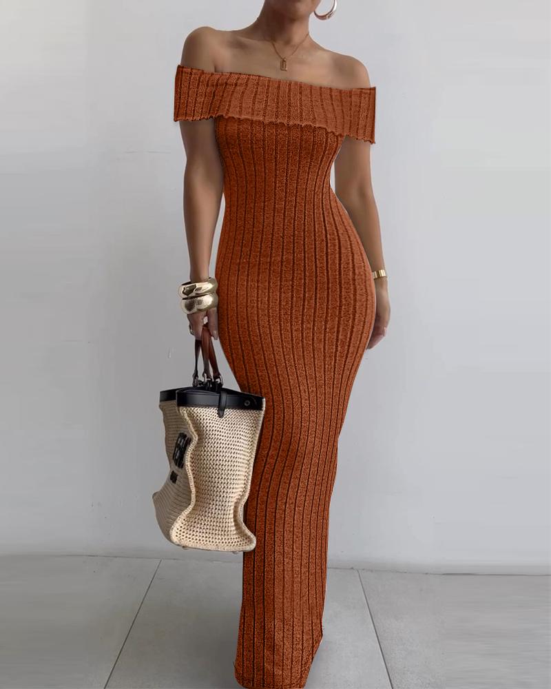 

Off Shoulder Ribbed Maxi Dress, Brown