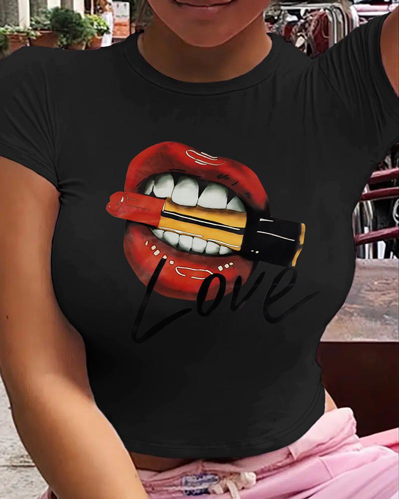 

Plus Size Lip Letter Print Short Sleeve Casual T-shirt, Black