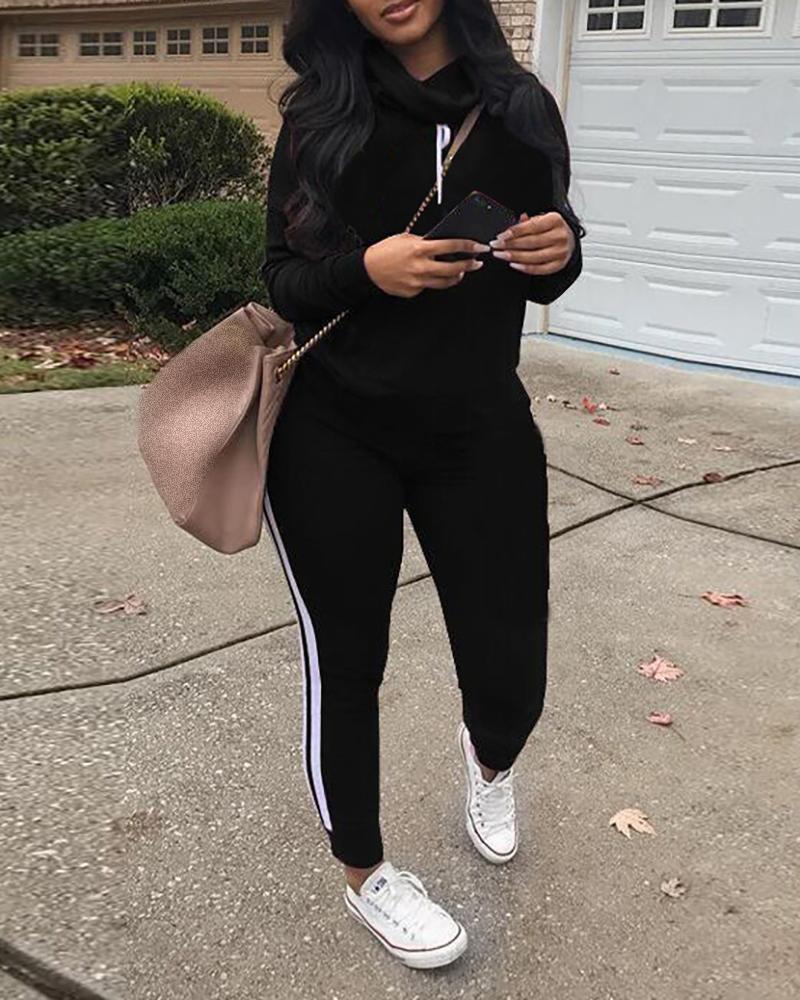 

High Neck Long Sleeve Top & Striped Print Pants Set, Black