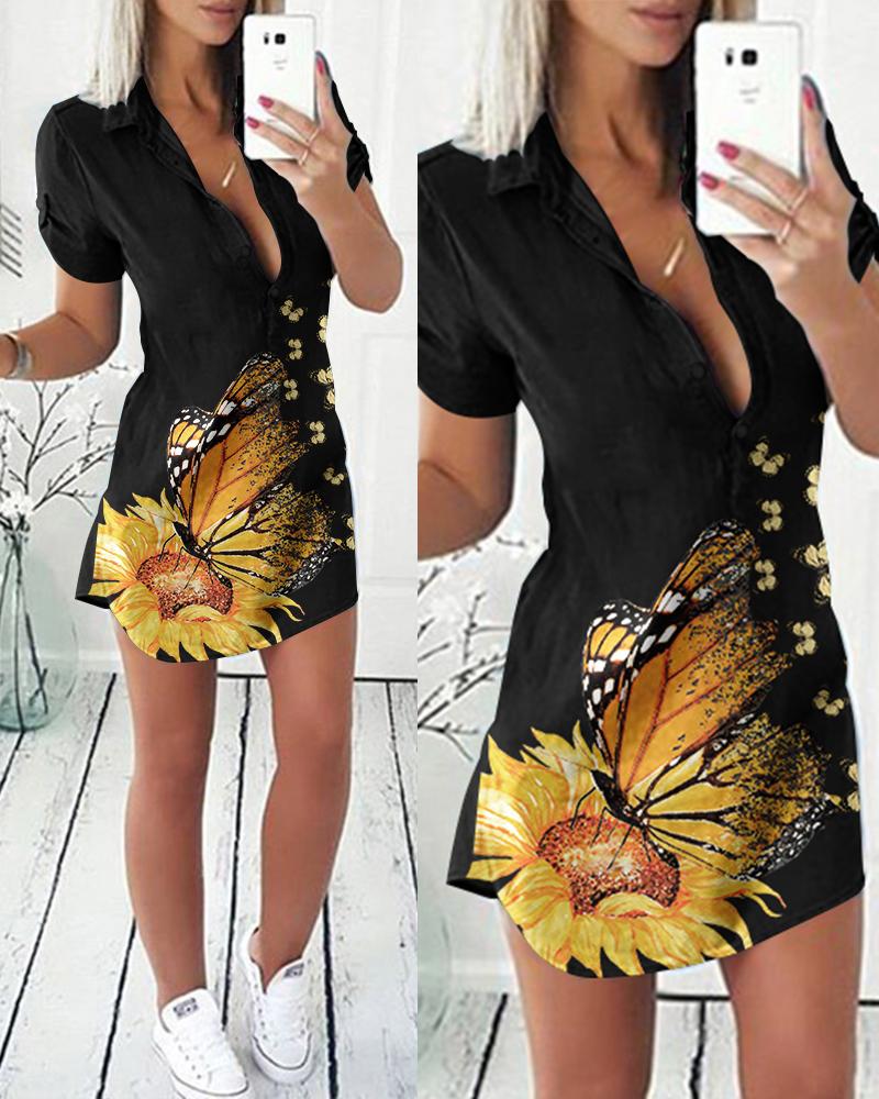 

Sunflower Butterfly Print Button Front Shirt Dress, Black