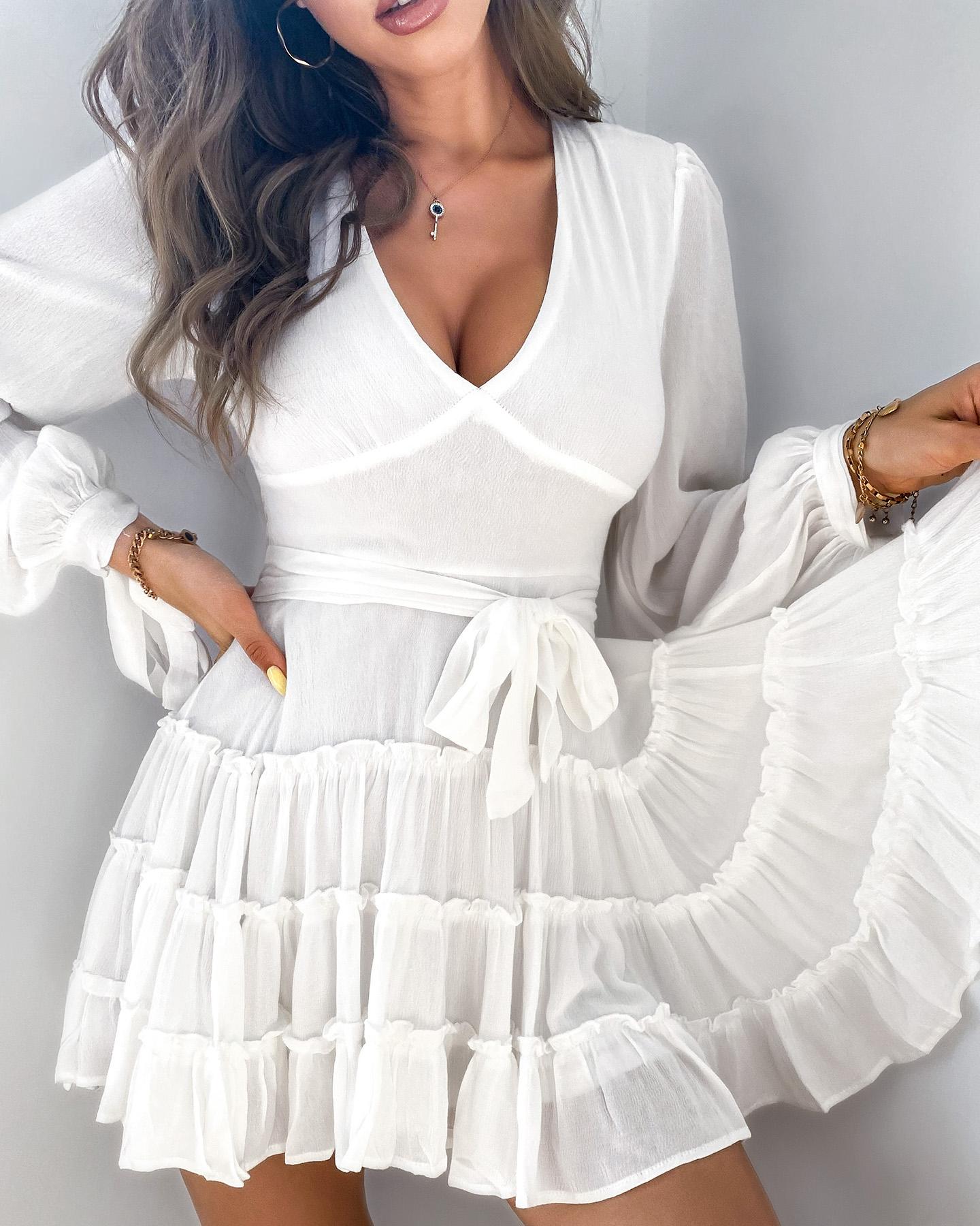 

Lantern Sleeve Tied Cuff Frill Hem Dress, White