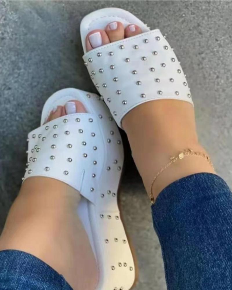 

Studded Square Toe Platform Slippers, White