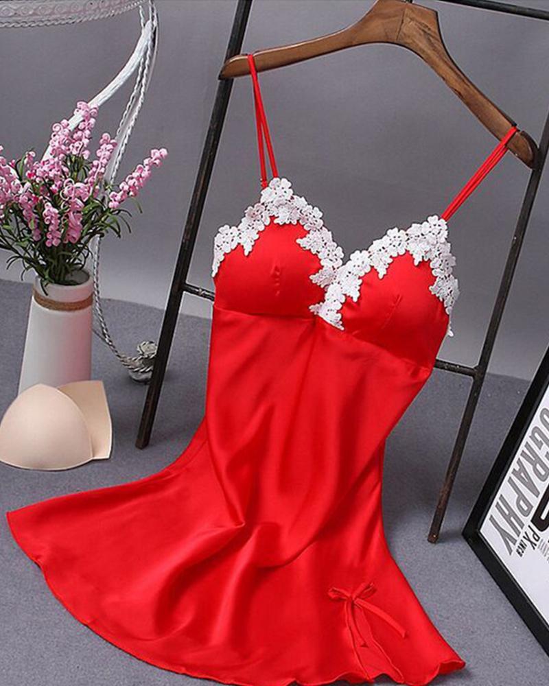 

Lace Trim Satin Cami Babydoll, Red