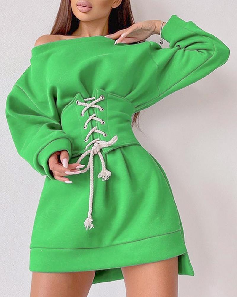 

Long Sleeve Sweatshirt Dress With Eyelet Lace-up Corset, Green