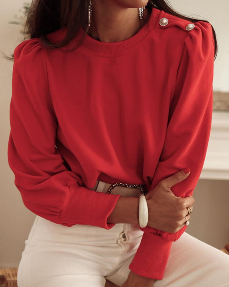 

Round Neck Long Sleeve Button Decor Sweatshirt, Red