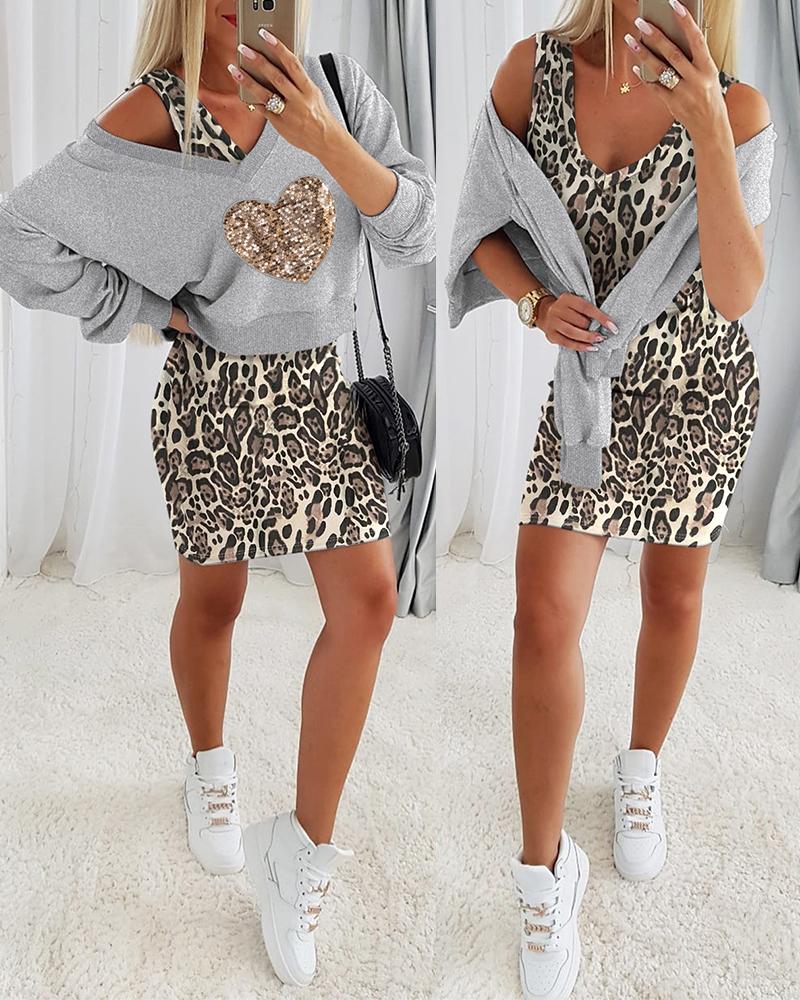

Conjunto de vestido sem mangas com estampa de leopardo e lantejoulas contrastantes de 2 peças com decote em V, Gray
