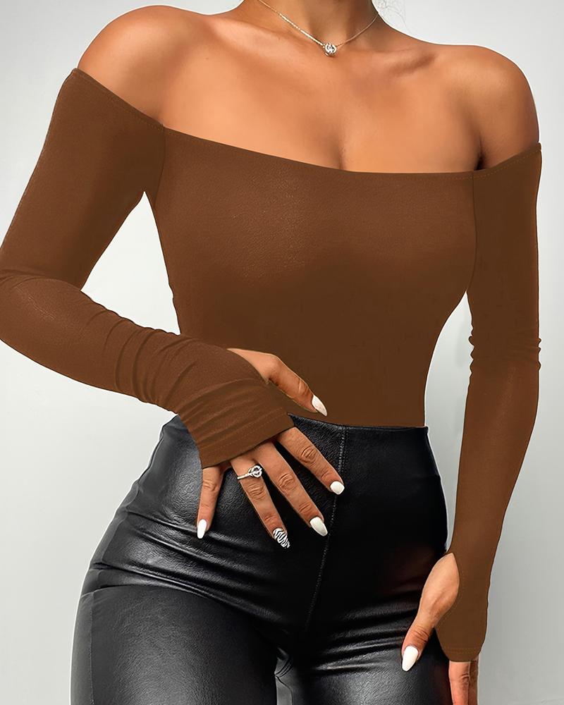 

Off Shoulder Long Sleeve Skinny Casual Top, Coffee