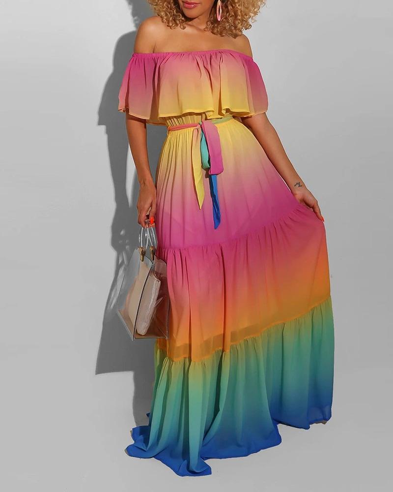 

Off Shoulder Gradient Color Tie Dye Print Ruffles Maxi Dress, Multicolor