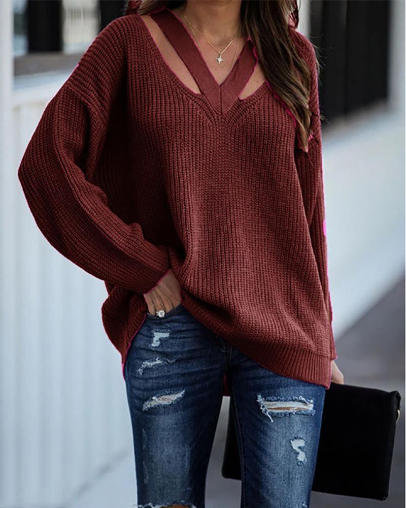 

Cutout V-Neck Drop Shoulder Sweater, Wine red