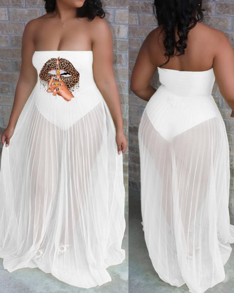 

Lip Slogan Print Bandeau Mesh Maxi Dress, White