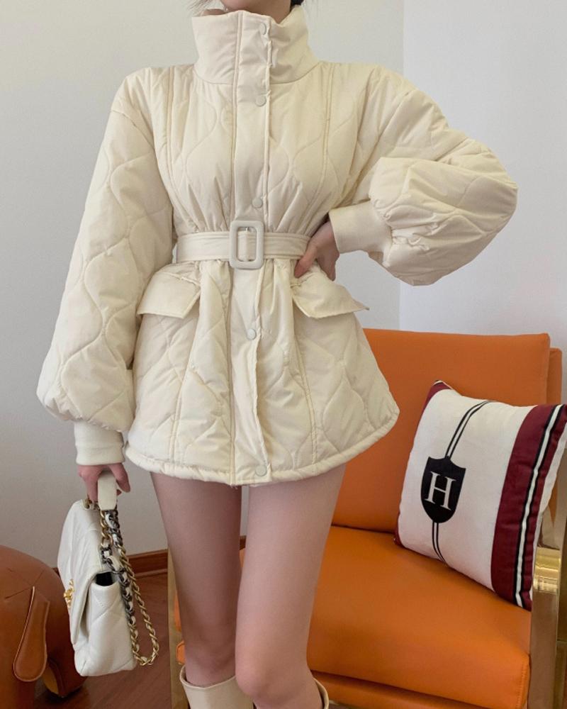 

Lantern Sleeve Button Zip Up Belted Puffer Coat, White