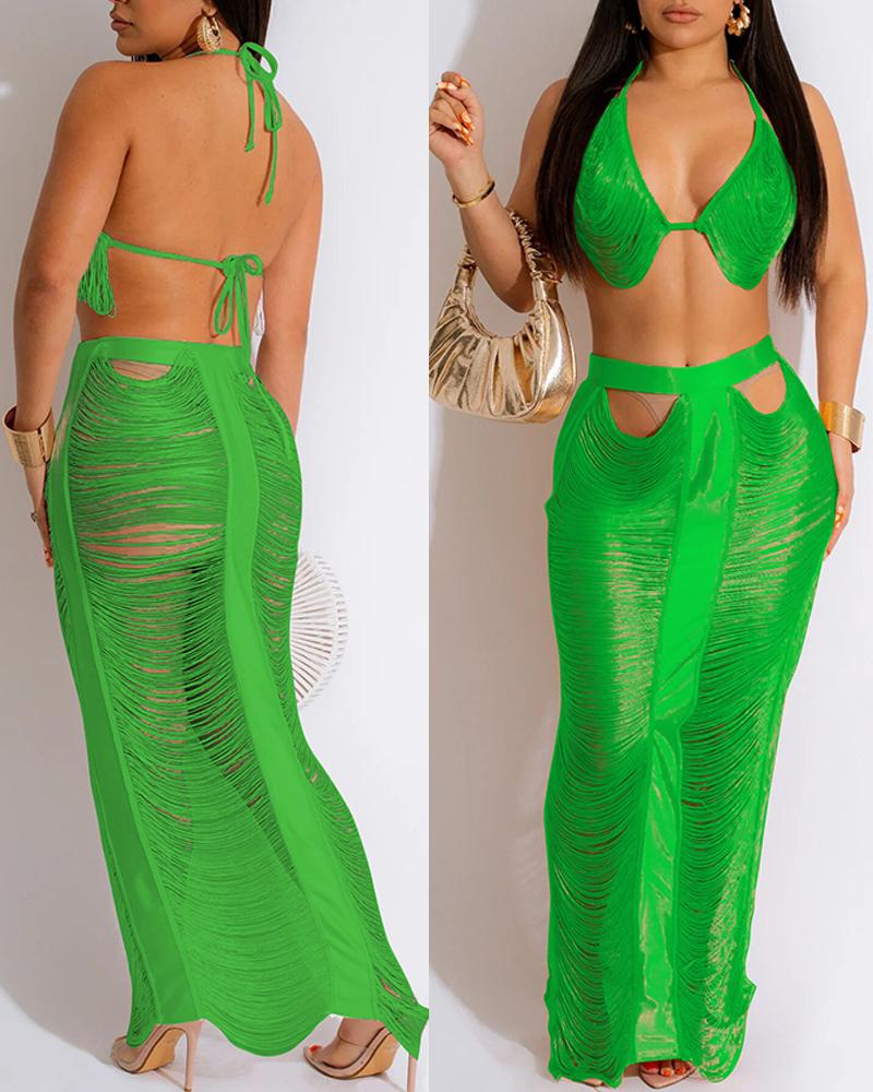 

Hollow Out Bikini Top & Maxi Skirt Set, Green