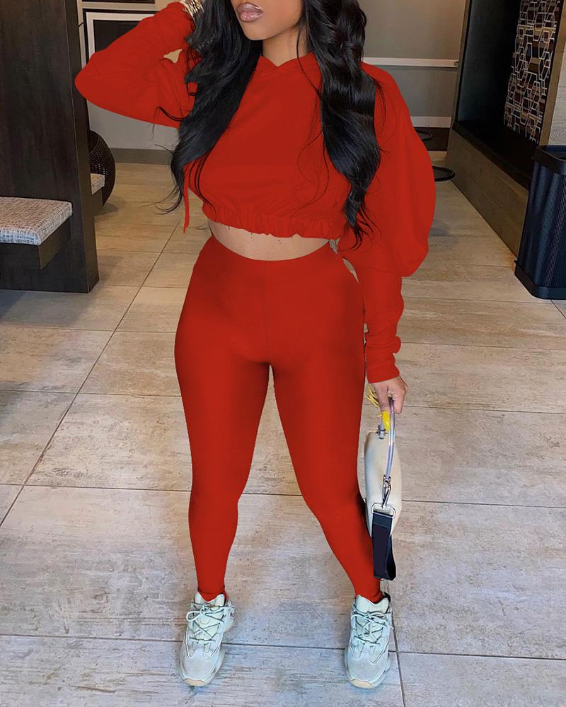 

Gigot Sleeve Hooded Crop Top & Pants Set, Red