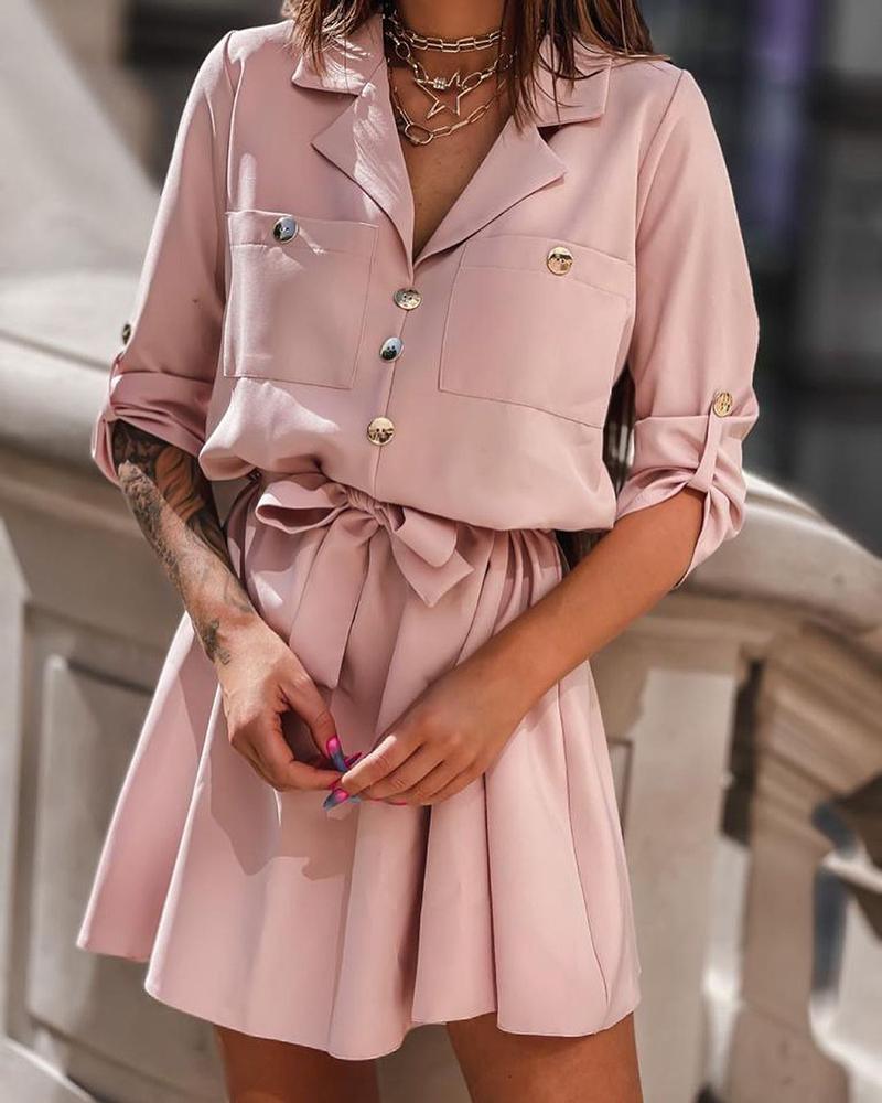 

Buttoned Pocket Design Half Sleeve Shirt Dress, Pink