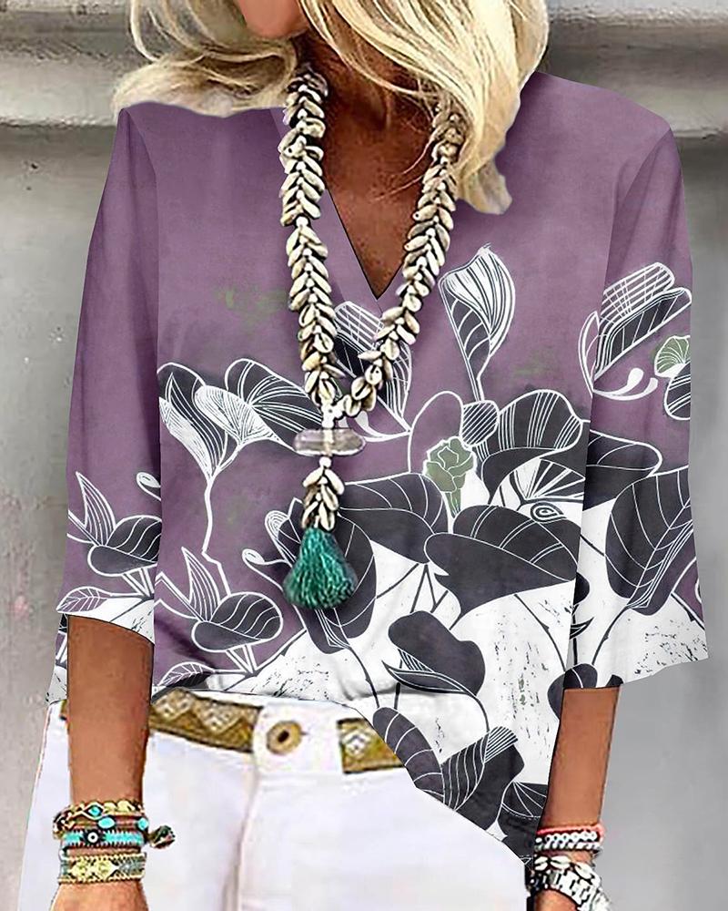 

Floral Print V-Neck Bell Sleeve Top, Purple