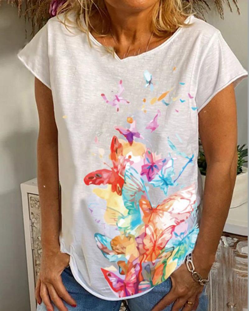 

Multicolor Butterflies Short Sleeve T-shirt, White