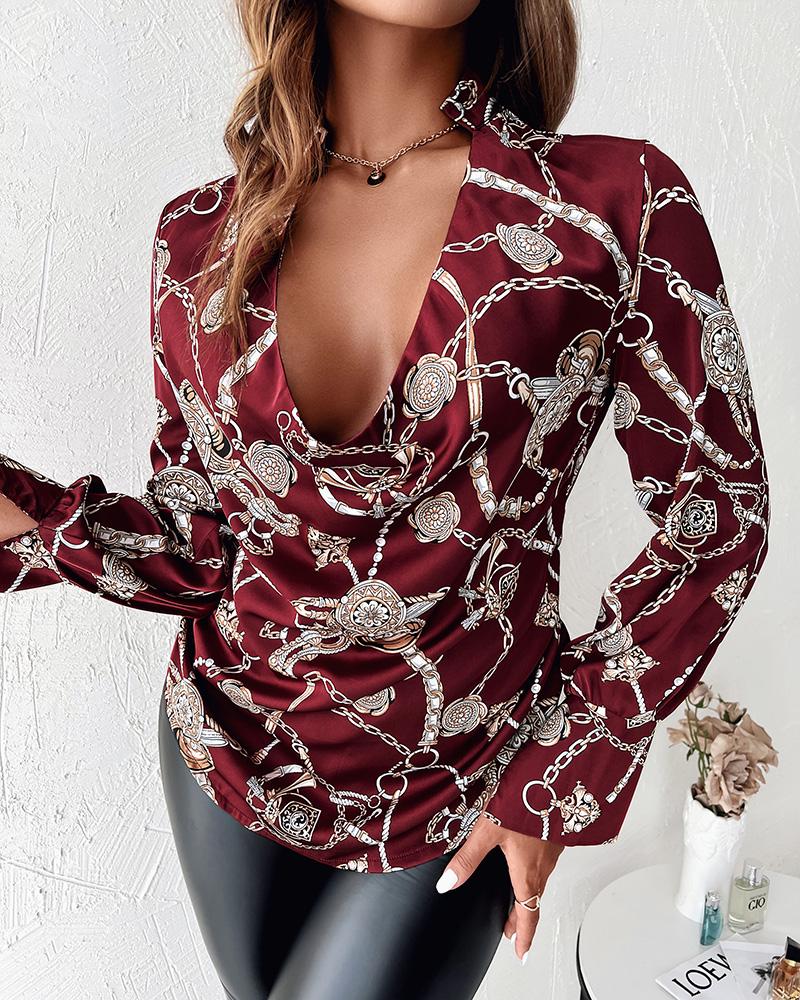 

Chain Baroque Print Long Sleeve Cowl Neck Top, Wine red