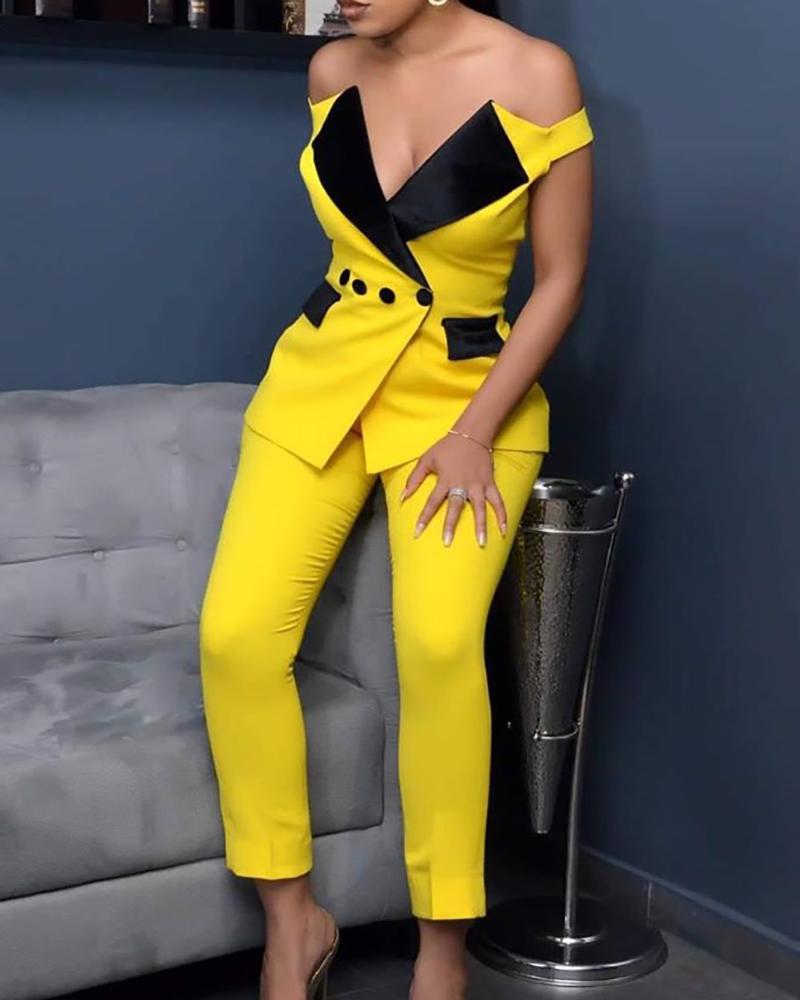 

Colorblock Off Shoulder Notched Collar Buttoned Blazer & Pants Sets, Yellow