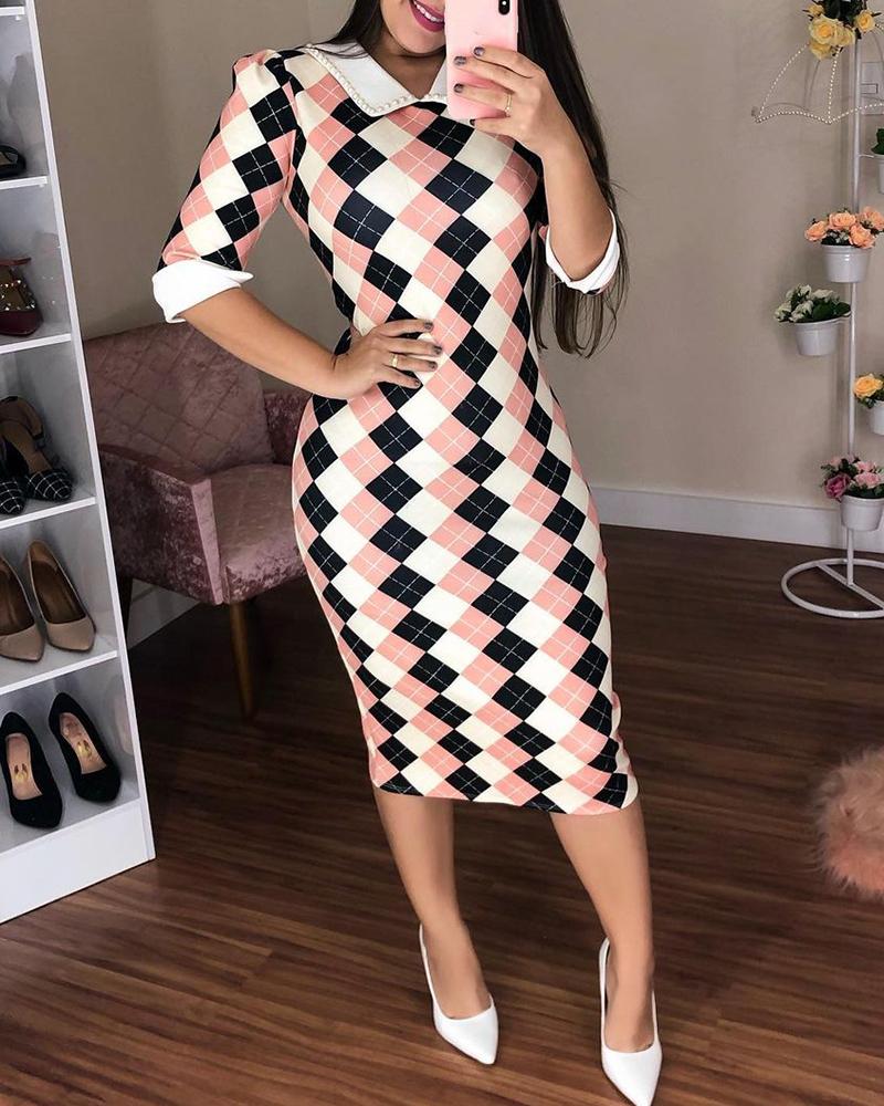 

Plaid Print Puff Sleeve Beaded Straight Dress, Pink