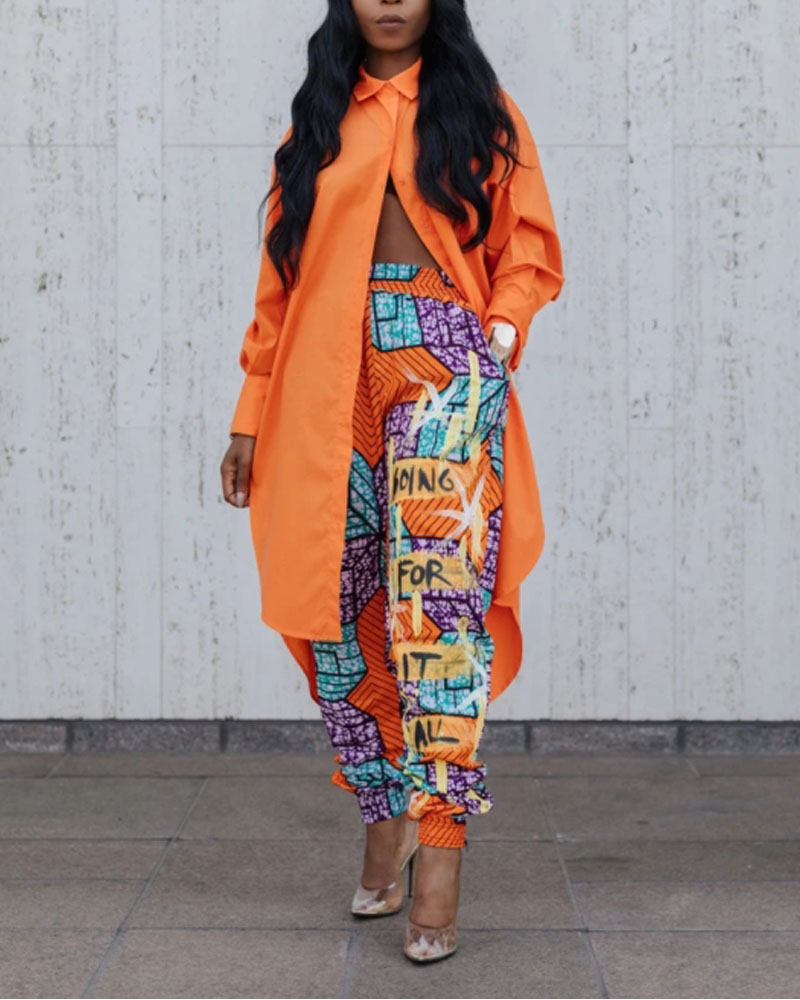 

Geo Letter Print Pocket Detail Cuffed Pants, Orange