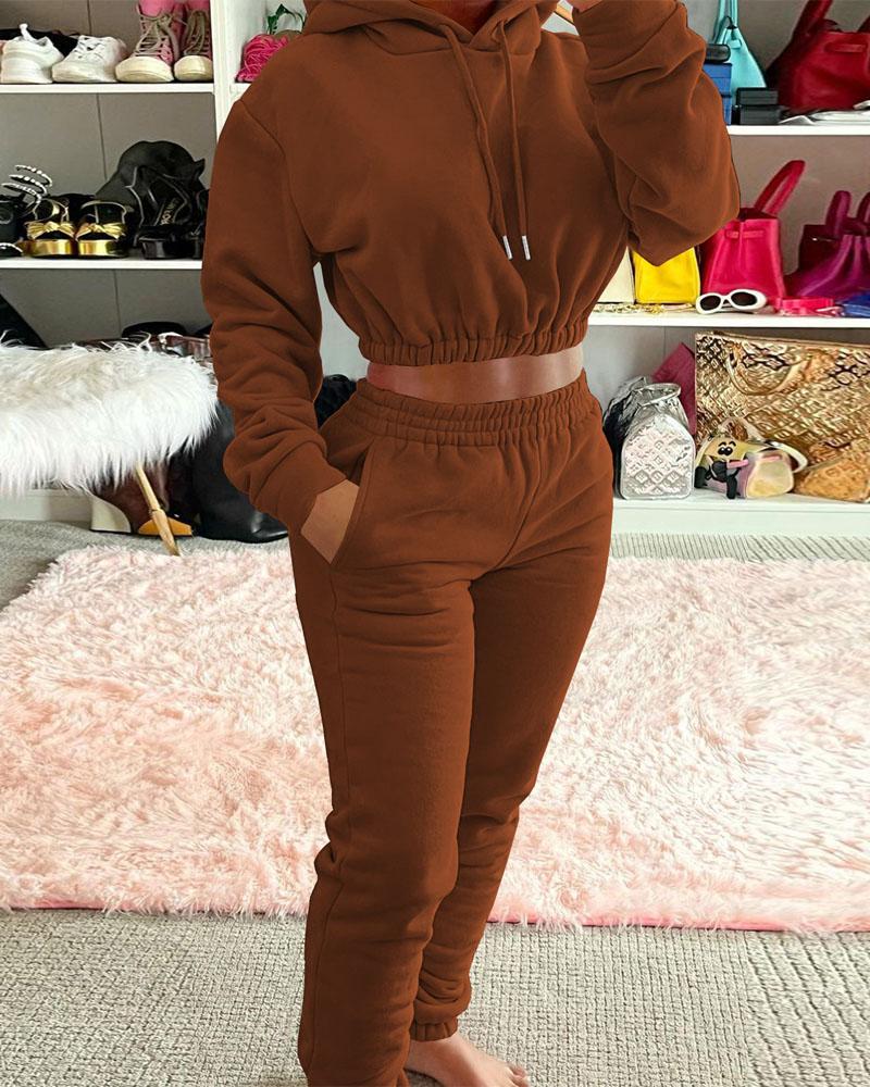 

Long Sleeve Crop Drawstring Hoodie & Sweatpants Set, Coffee