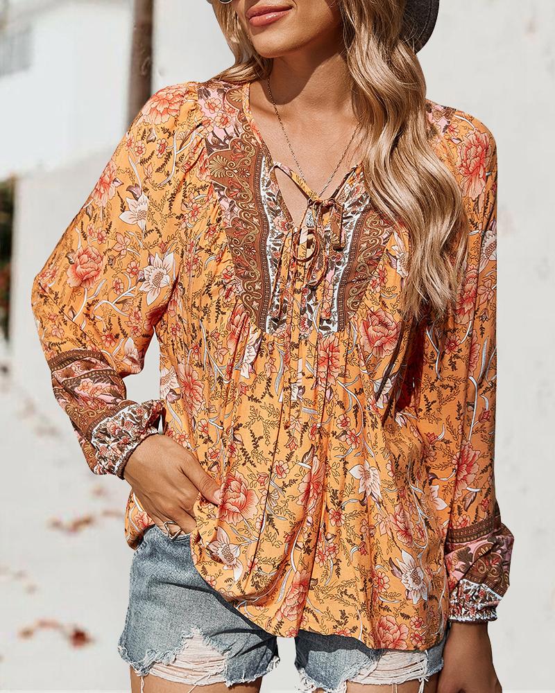 

Floral Print Tied Detail Lantern Sleeve Top, Orange