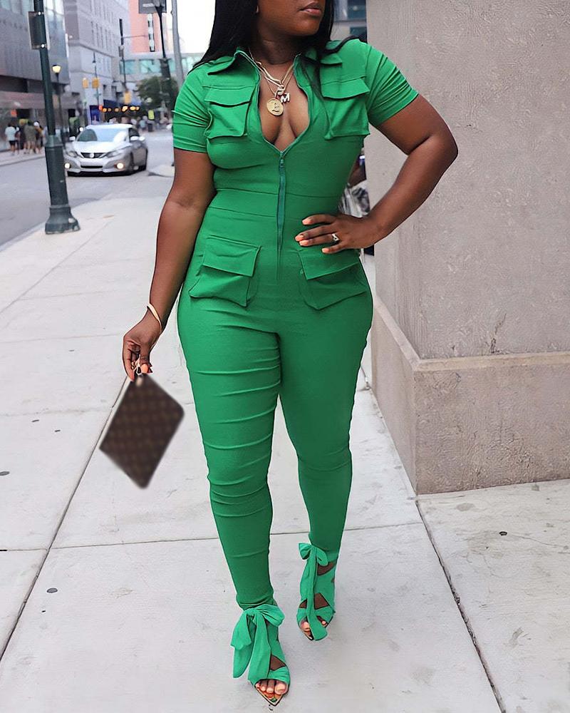 

Zipper Front Pocket Design Short Sleeve Jumpsuit, Green