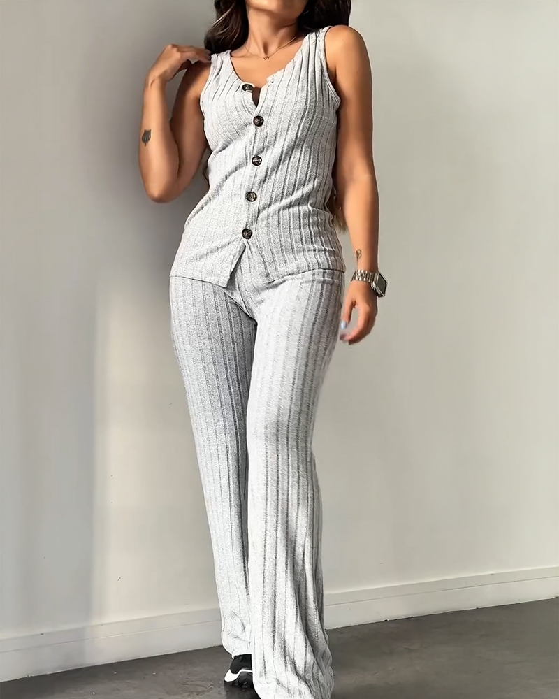 

Ensemble 2 pièces : haut sans manches à col en V et boutonné sur le devant, pantalon légèrement évasé à taille élastique, vêtements de détente décontractés côtelés et brossés, Gray
