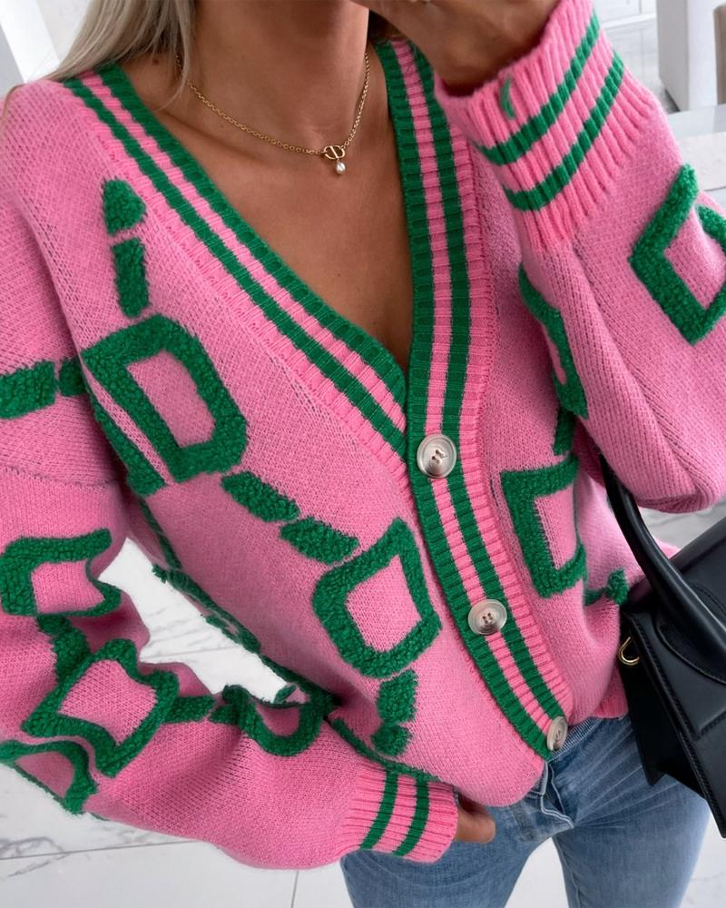 

Contrast Paneled Letter Pattern Button Front Cardigan, Pink