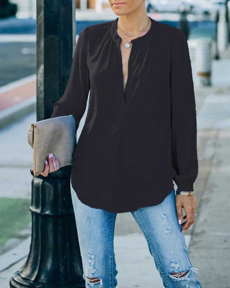 

Plain Curved Hem Long Sleeve Top, Black