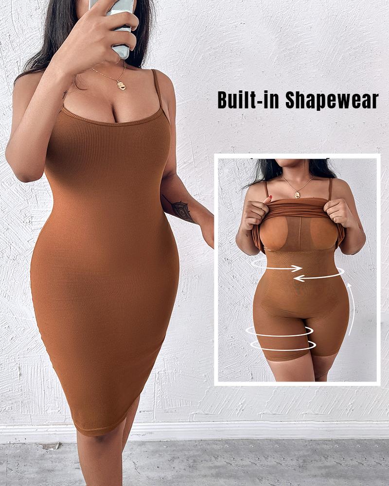 

Shapewear Dress Bodycon Midi Dress Built-in Bra Summer Casual Tummy Control Slip Dress with Adjustable Straps, Brown