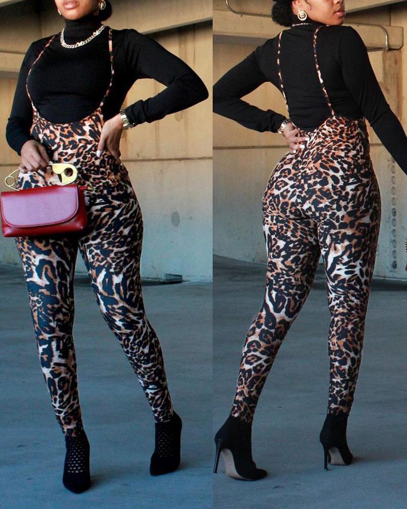 

High Neck Top & Leopard Print Suspender Jumpsuit Set