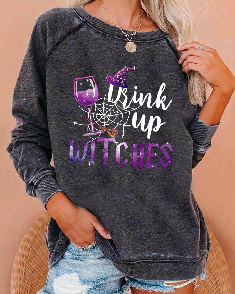 

Halloween Graphic Letter Print Long Sleeve Top, Dark grey