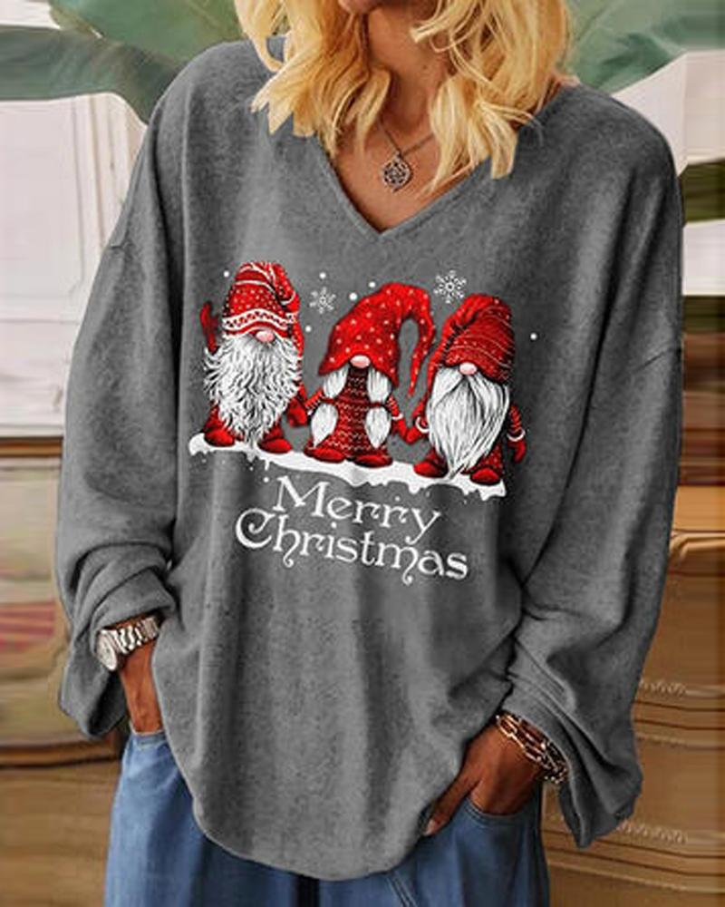 Christmas Gnome Print Long Sleeve Casual Top