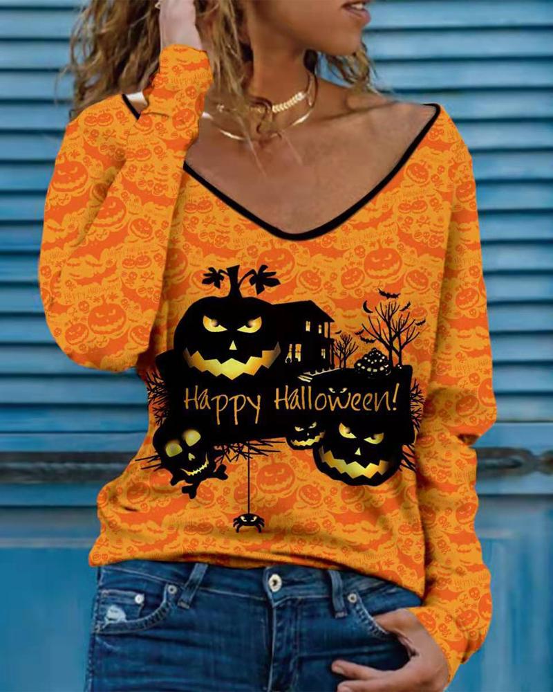 

Halloween Pumpkin Graphic Letter Print Long Sleeve Top, Yellow