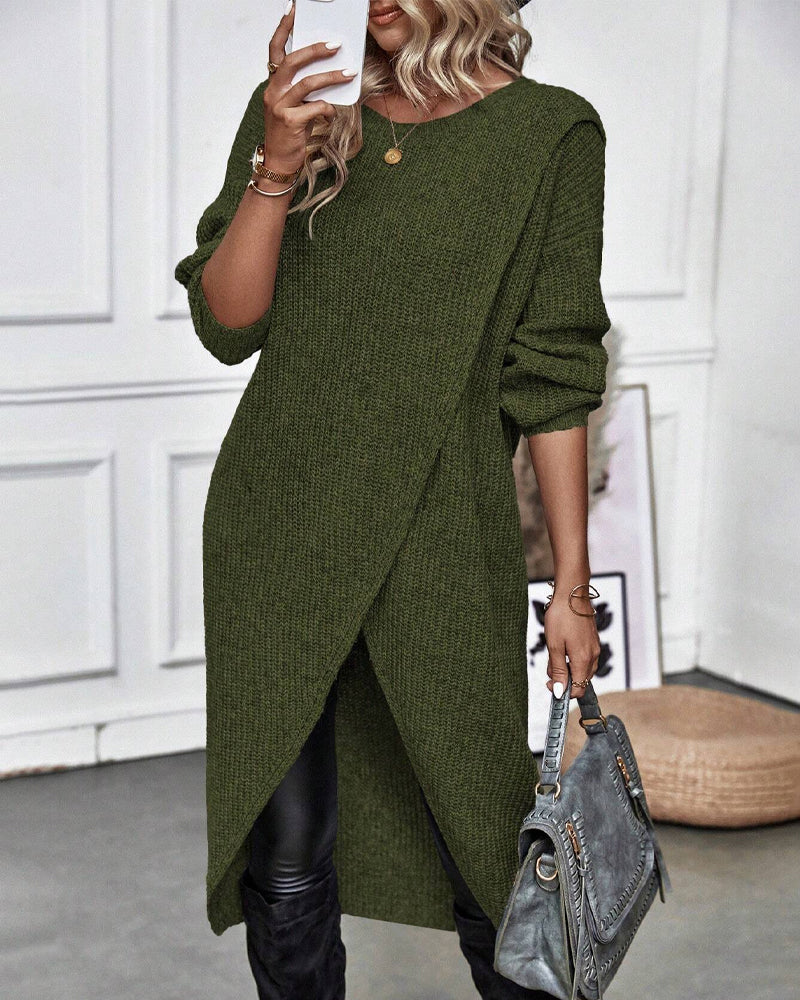 

Round Neck Long Sleeve Slit Wrap Sweater Dress, Dark green