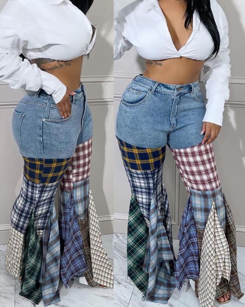 

Contrast Plaid Print Denim Patch Bootcut Ruffles Pants, Blue