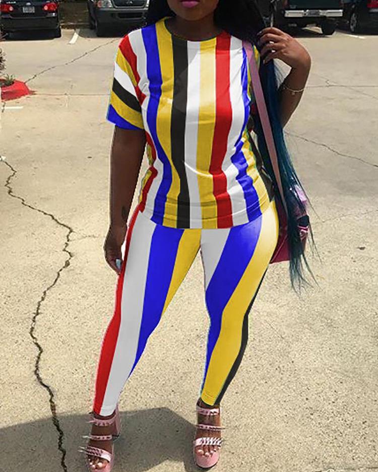 

Slinky Colorful Stripe Print Pants set, Black