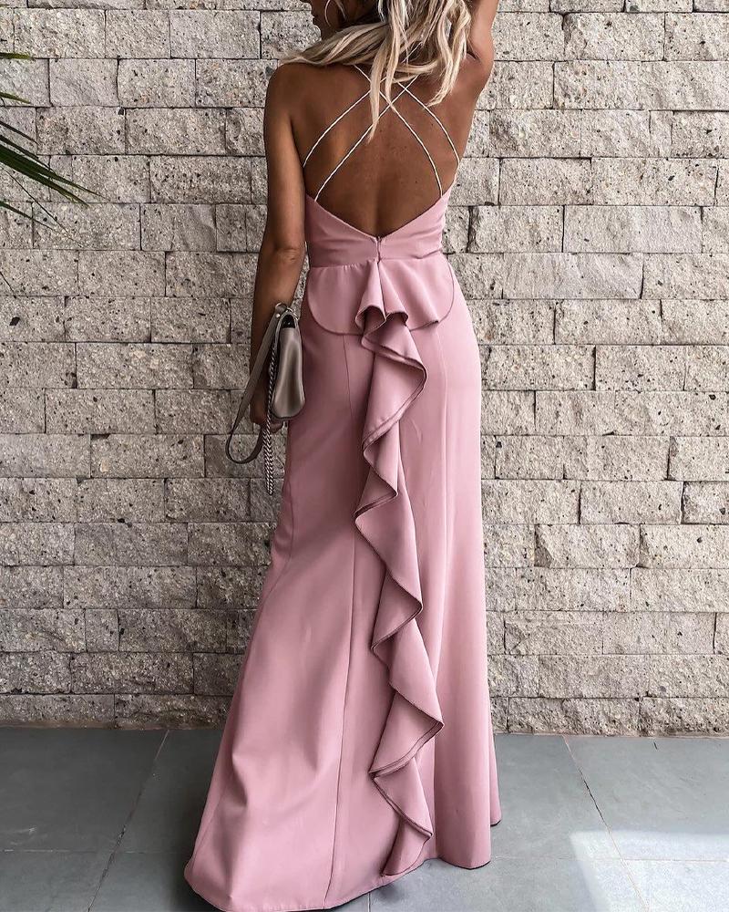 

Crisscross Backless Ruffles High Slit Prom Dress, Pink