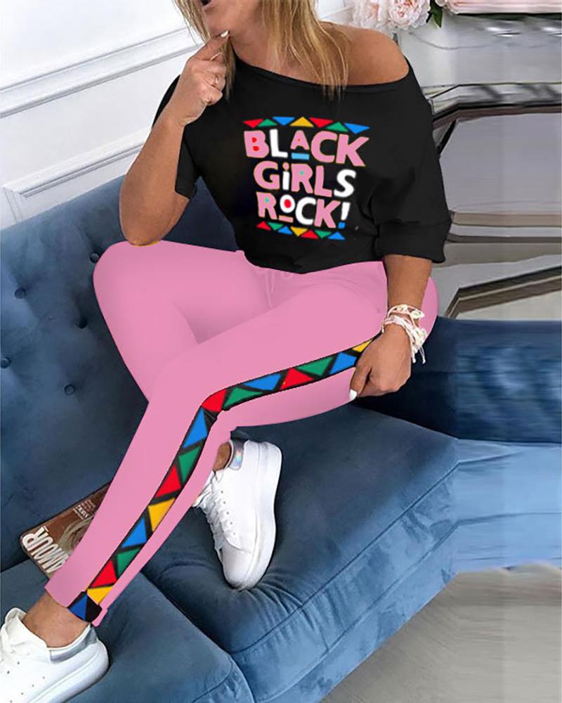

Letter Print Colorblock Top & Pants Sets, Pink