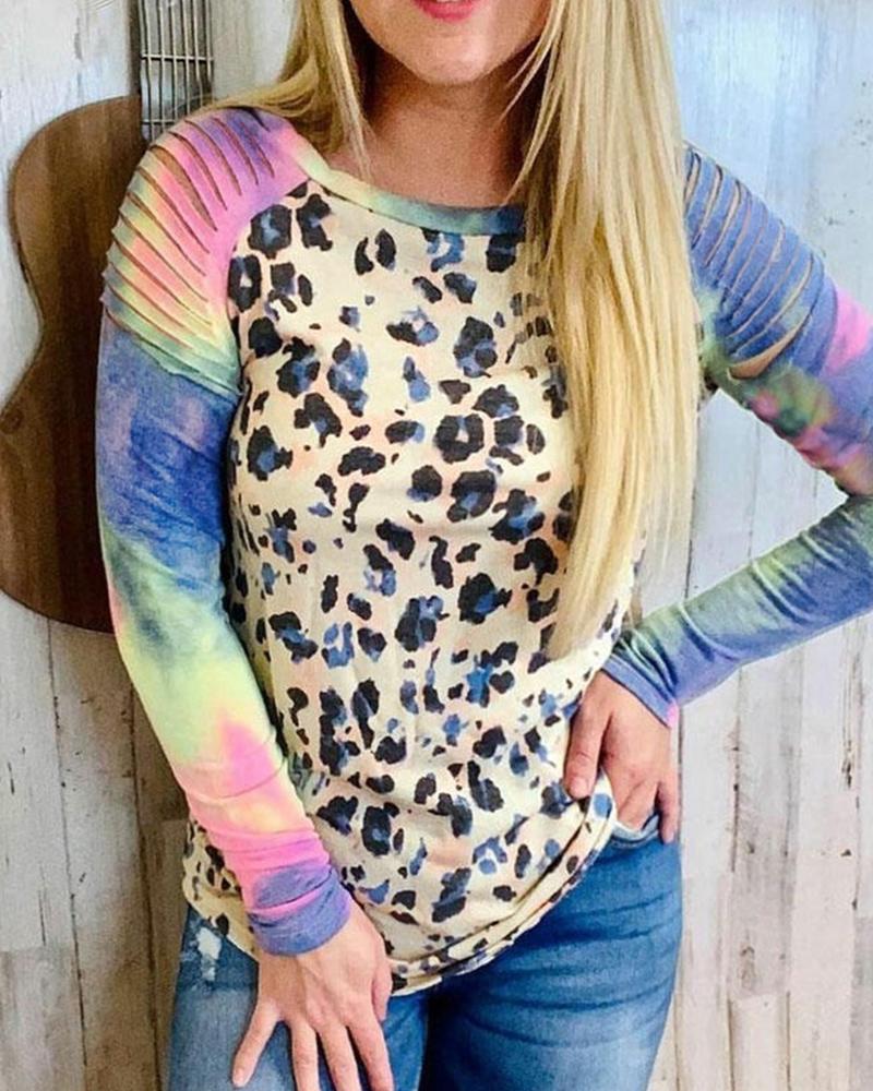

Tie Dye Splicing Leopard Print Long Sleeve Blouse, Multicolor