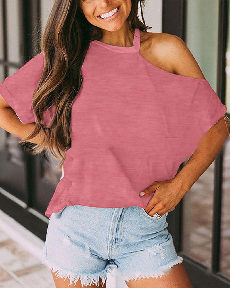 

Plain Cold Shoulder Casual T-shirt, Pink
